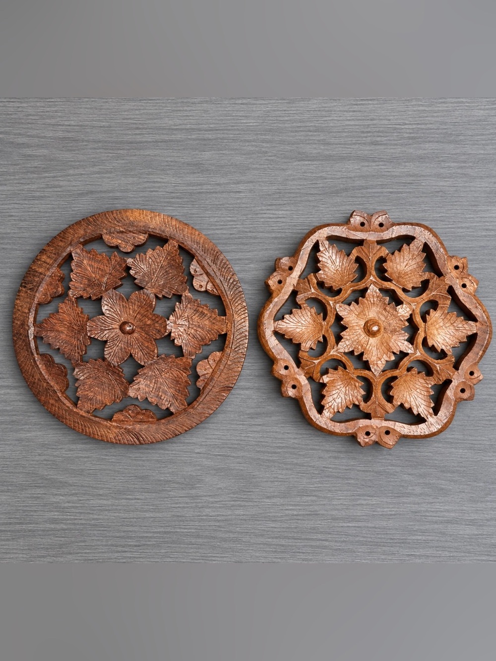 Vintage Set 2 Hand Carved Sheesham Wood Trivets India Floral Leaf Hot Plates